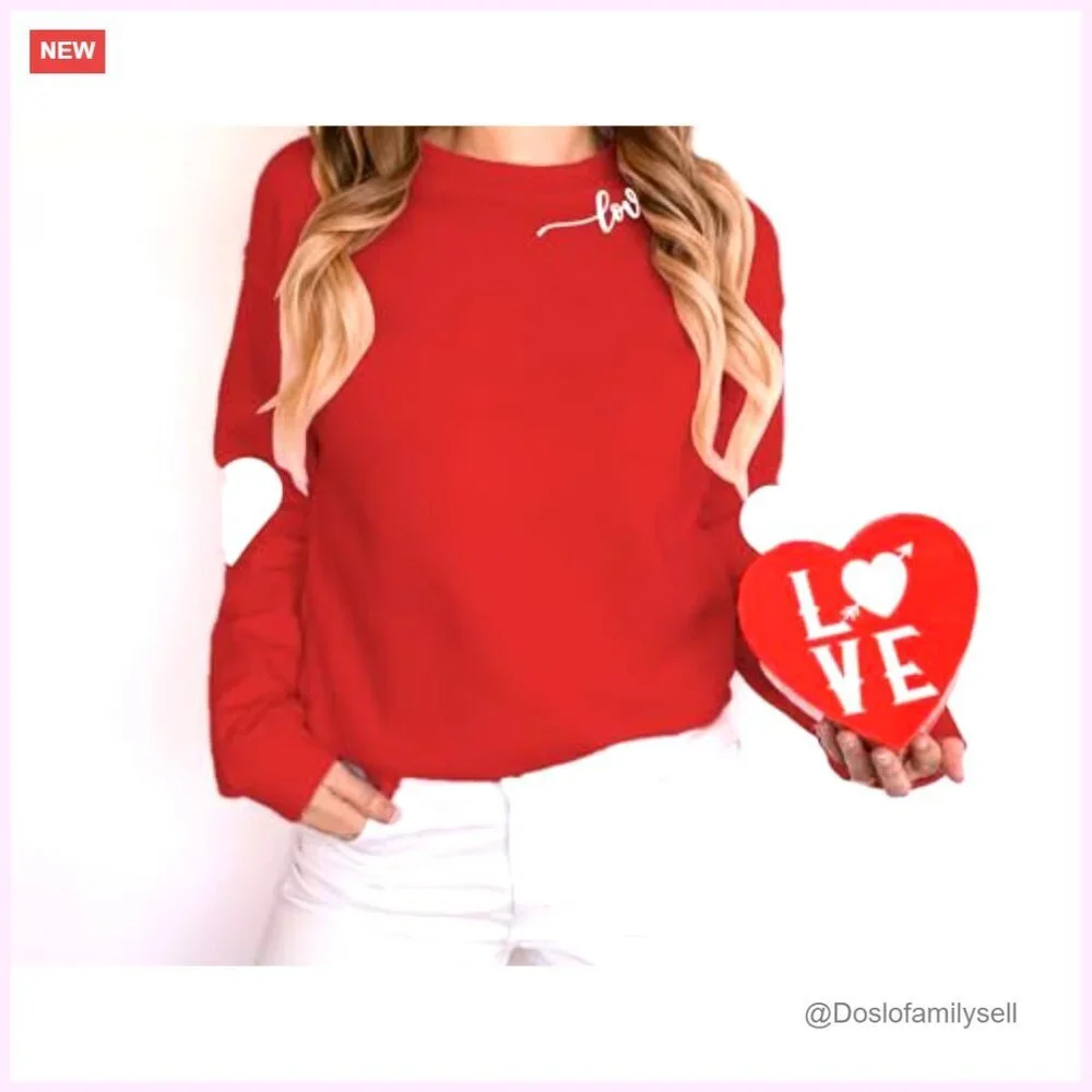 Valentine Heart Sweatshirt Long Sleeve Round Neck Pullover Casual Chic Top
